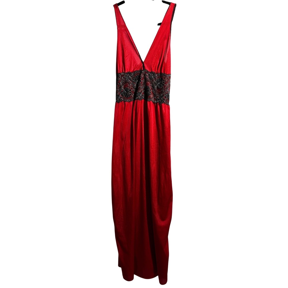 VTG Red Maxi Babydoll Slip Dress Black Lace V Neck Tie Waist L Dark‎ Romantic